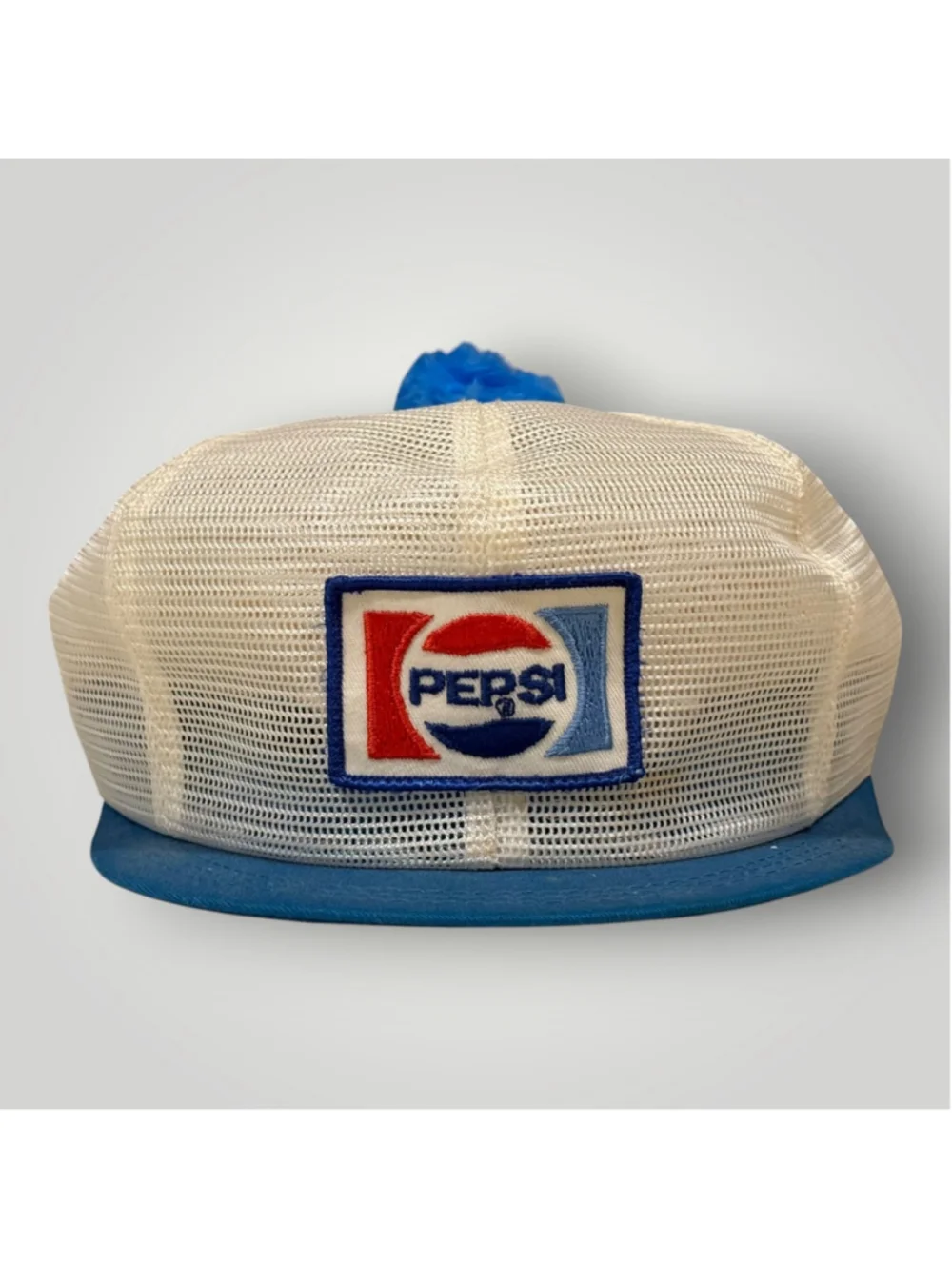 Vtg 1980s Pepsi Cola Mesh Trucker Hat Snapback White/Blue Pom Pom Patch Logo Cap